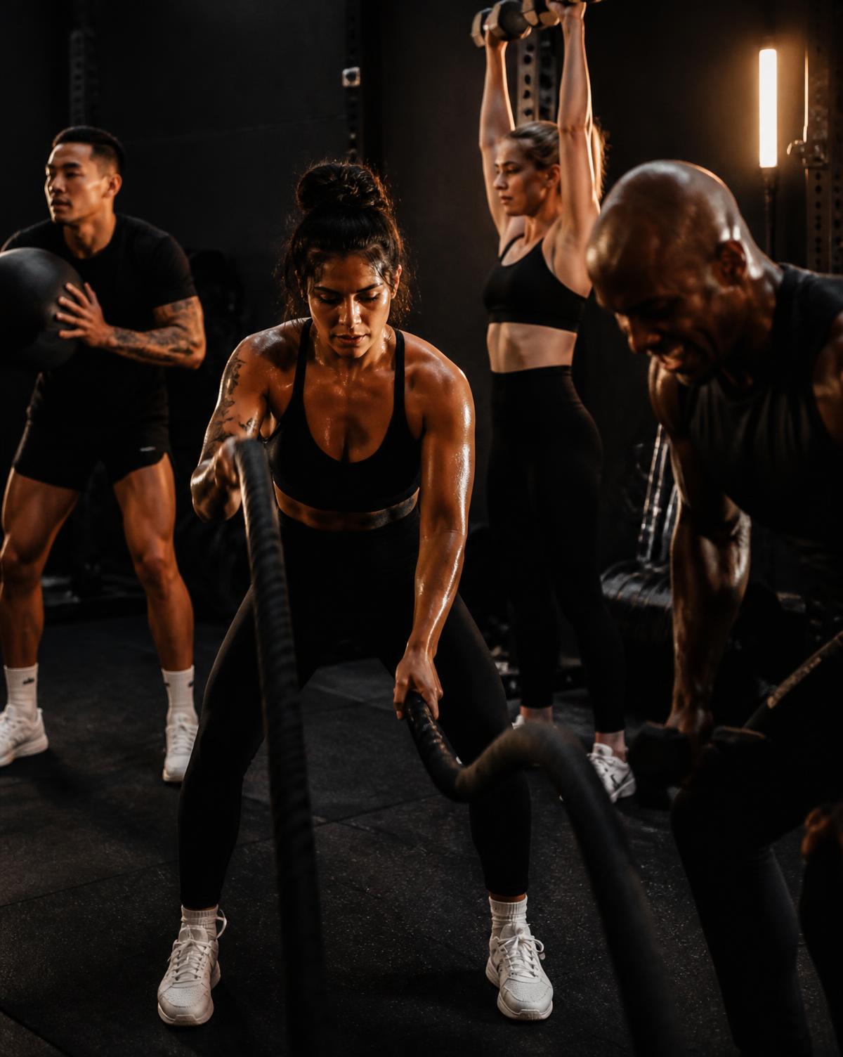 Members training together with battle ropes and dumbbells in a low-lit gym