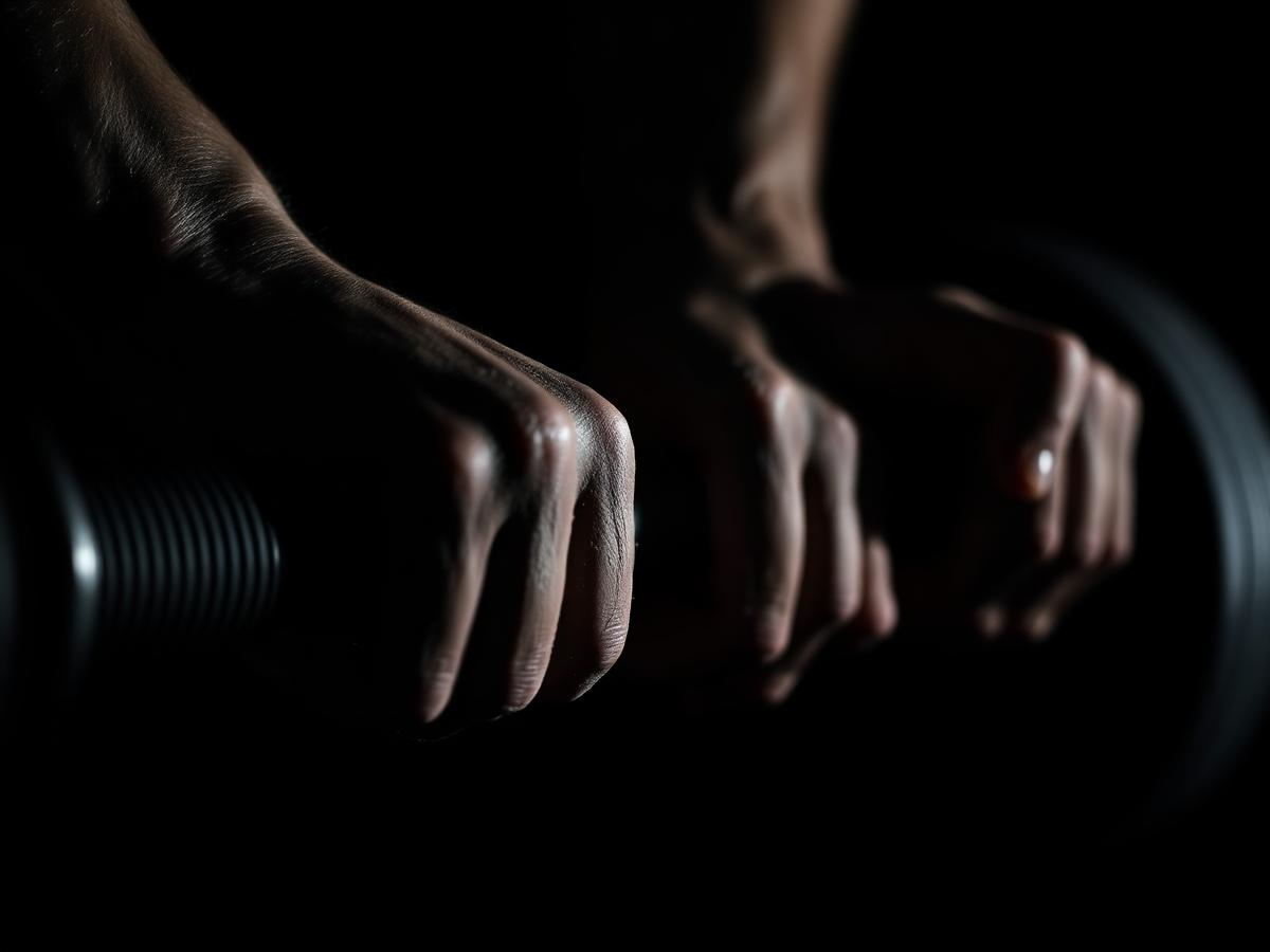 Chalked hands gripping a knurled barbell