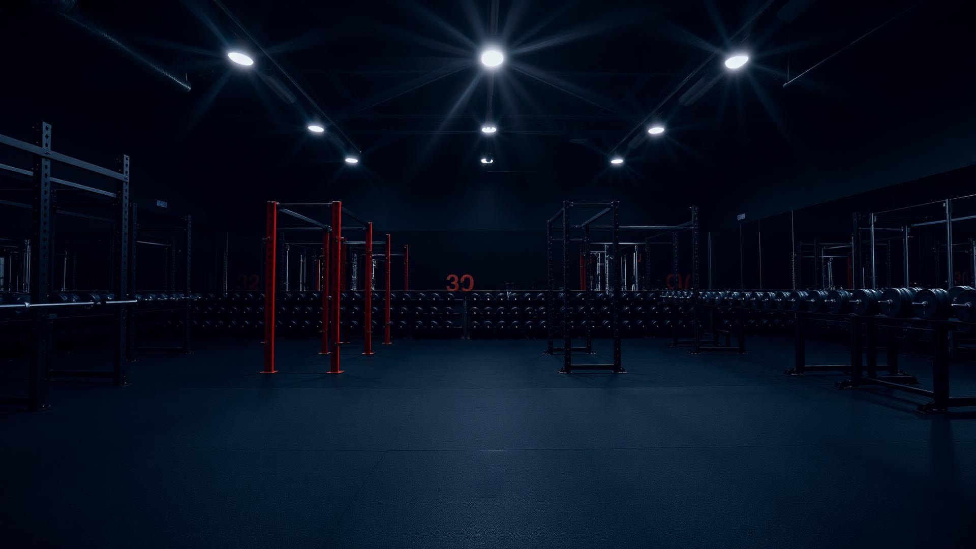 Wide view of the gym's strength floor lit by overhead spotlights