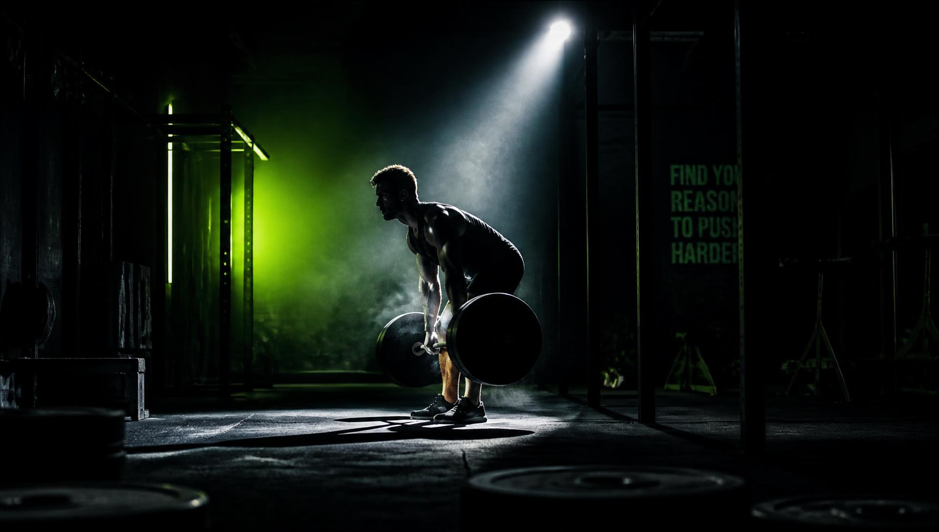 Athlete performing a deadlift under a single spotlight on the gym's strength floor